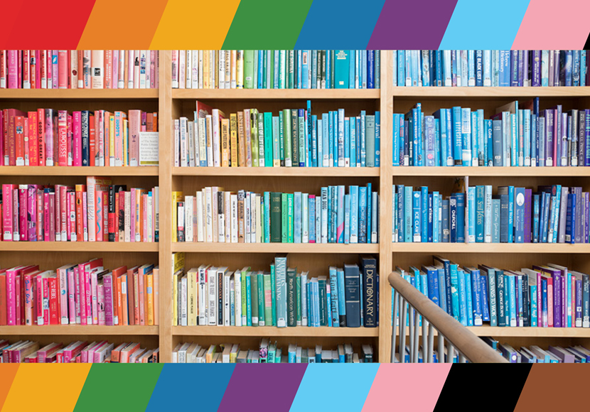 Shelves containing books grouped by cover color.